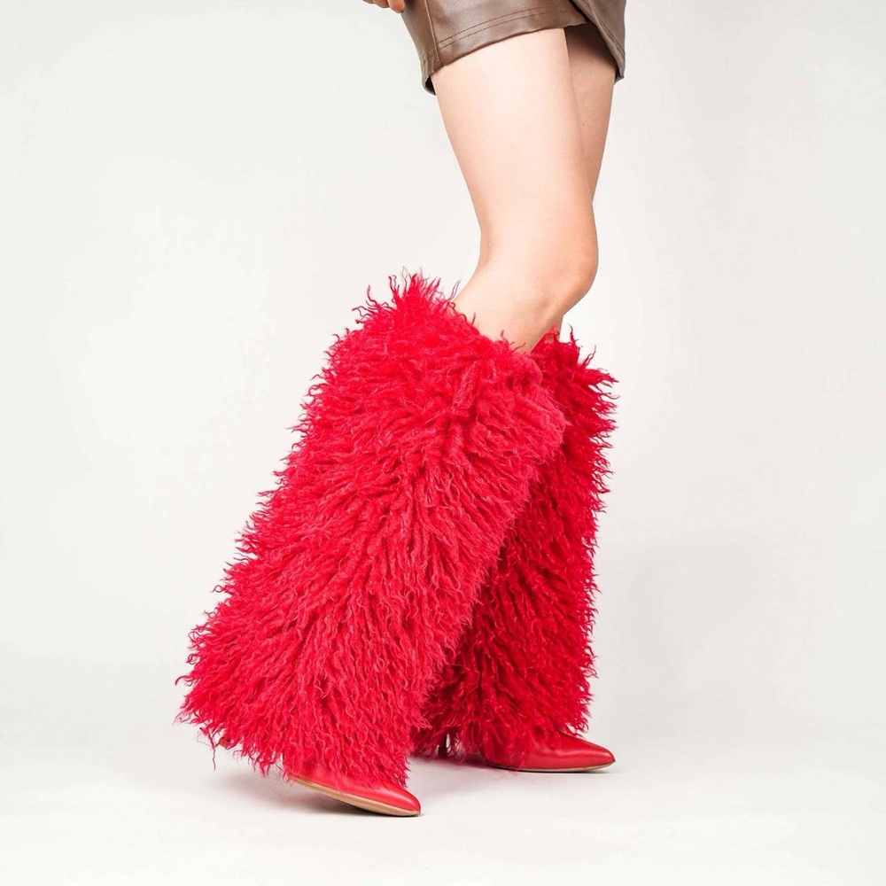 GODDESS LUXE Red Faux Fur Stiletto Statement Heeled Boots | Nu Shuz Key West